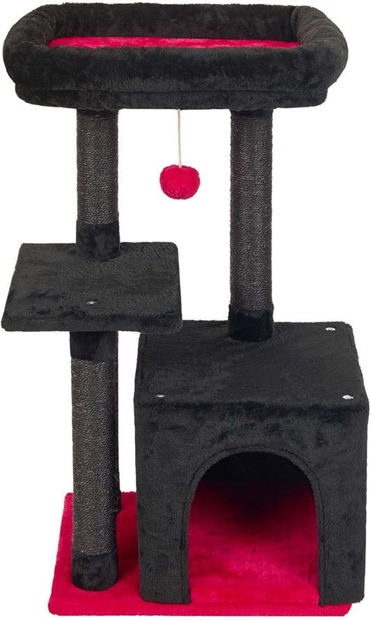 FISH&NAP Cute Cat Tree Kitten Cat Tower for Indoor Cat Condo Sisal Scratching Posts with Jump Platform Cat Furniture Activity Center Play House RedBlack