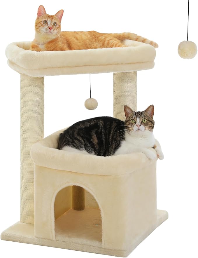 27" Cat Tree for Medium Cats, Cat Tower with Large Top Perch, Full Wrapped Natural Sisal Scratching Posts for Indoor Cats with Spacious Condo & Toy Ball, Beige