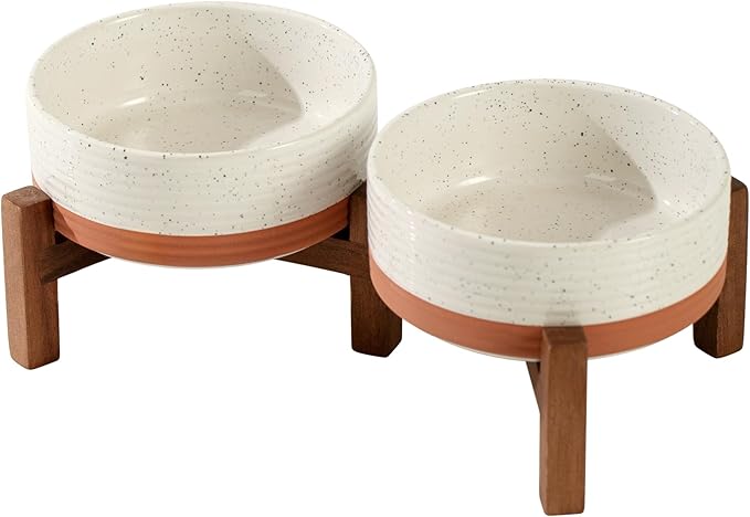 Ceramic 5.1inch Raised Double Bowls Set with Acacia Wood Stand, 2 Heights Elevated, Food & Water Bowls for Puppy, Kitty, Cats(13.5oz, Vanilla White)