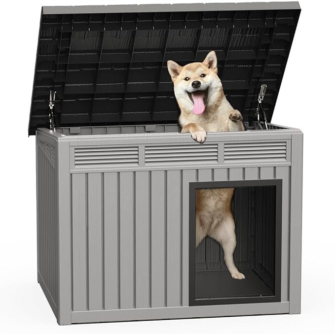 ROJIK Large Dog House Outdoor Indoor Weatherproof with Removable Roof Raised Base Plate,Pet House Weatherproof for Small to X-Large Dogs,Easy to Clean and Lightweight(42.87 * 32.95 * 31.61inch,Grey)
