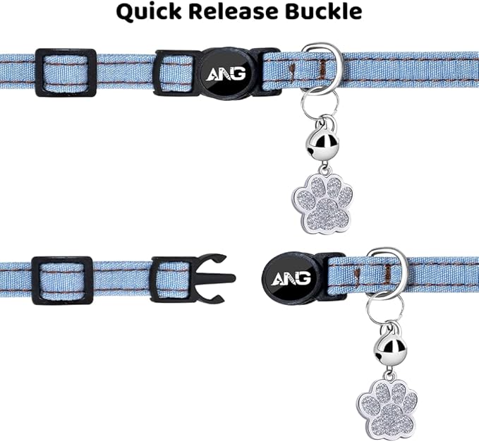 Personalized Breakaway Cat Collars - ID Tag, Bell, Bowtie - Safety Quick-Release, Customized for Girls & Boys Cats (Jean Pattern-Light Blue)