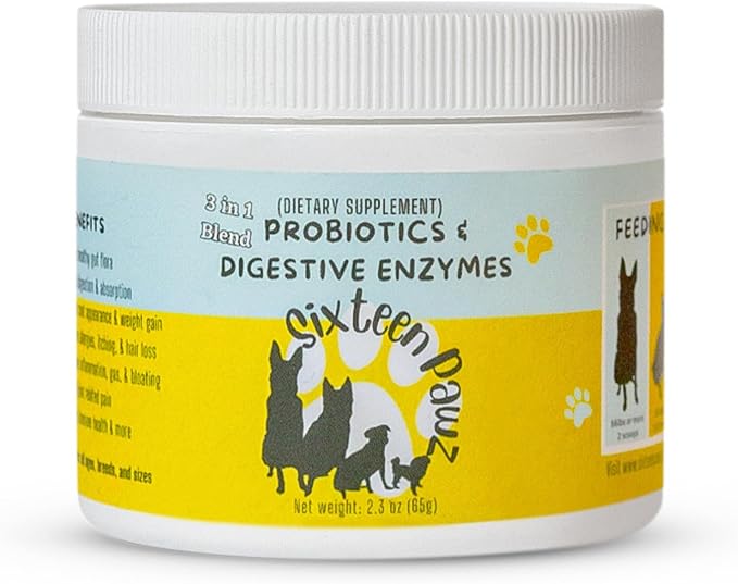 Dog & Cat Probiotics, Prebiotics, & Digestive Enzymes โ Flavorless Powder for Gut Health, Allergies, Itchy Skin, Gas & Diarrhea โ Organic, Vet-Approved โ 65g Bottle (Up to 65 Servings)