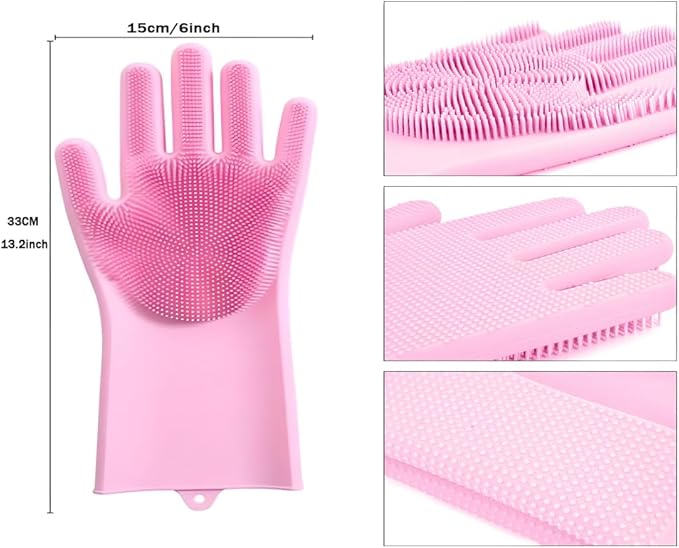 1 pairs Silicone Dishwashing & Pet Grooming Gloves - 2-in-1 Heat Resistant Gloves with High-Density Teeth, Enhanced Five Finger Design for Bathing, Cleaning Dishes, Cars, Dogs & Cats (Pink)