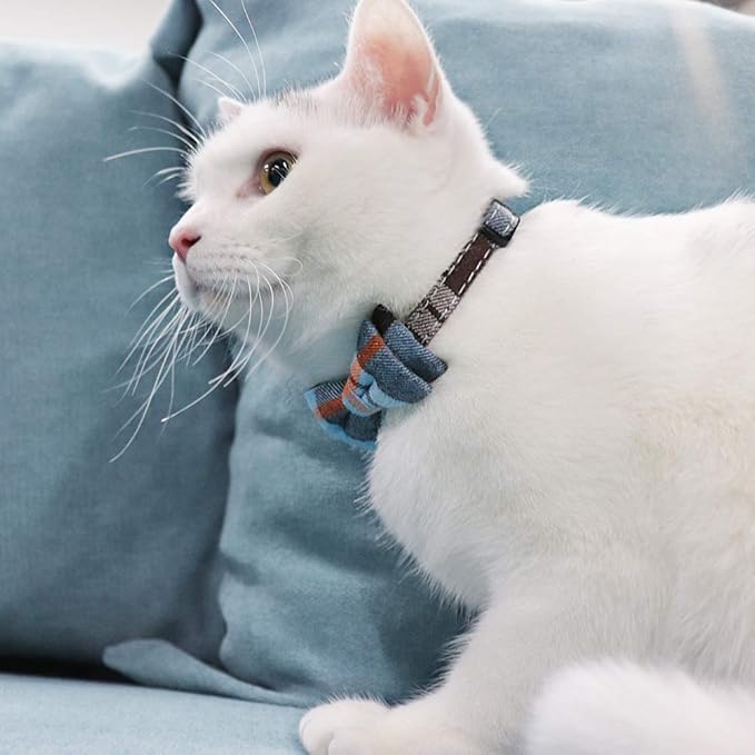 Joytale Upgraded Cat Collar with Bells, Breakaway Cat Collars with Bow Tie, 2 Pack Girl Boy Safety Plaid Kitten Collars, Haze Blue+Pink
