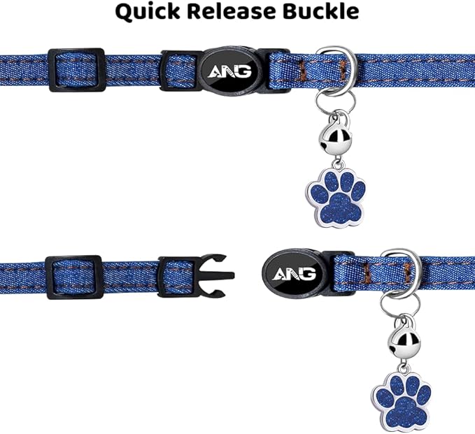 Personalized Breakaway Cat Collars - ID Tag, Bell, Bowtie - Safety Quick-Release, Customized for Girls & Boys Cats (Jean Pattern-Deep Blue)