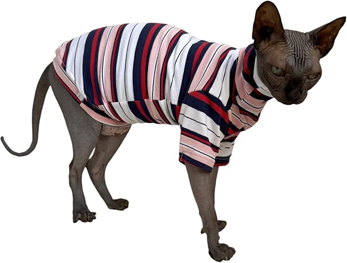 Vintage Stripes Sphynx Hairless Cats Shirt Cotton Cat Turtleneck Pet Clothes Kitten T-Shirts with Sleeves for Sphynx Cornish Rex, Devon Rex, Peterbald (Gentlemen, XX-Large (Pack of 1))