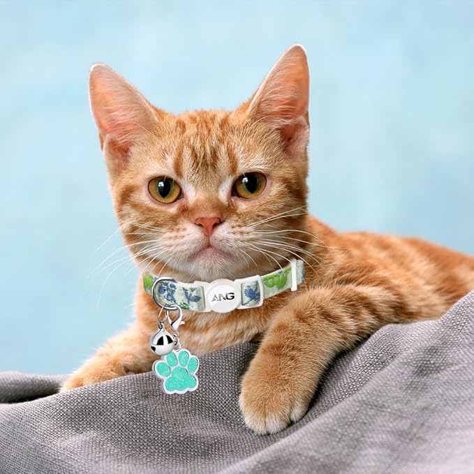 Personalized Breakaway Cat Collars - ID Tag, Bell, Bowtie - Safety Quick-Release, Customized for Girls & Boys Cats (Floral Pattern-Green)
