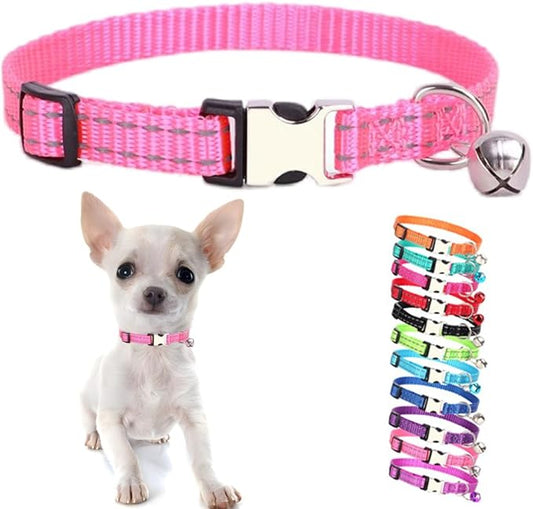 Pink Puppy Collar with Bell, Reflective Nylon XS Dog Collars Soft Adjustable Buckle for XXS XSmall Small Dogs Tiny Pets Cats Boy Girl Kitten Yorkie Chihuahua X-Small