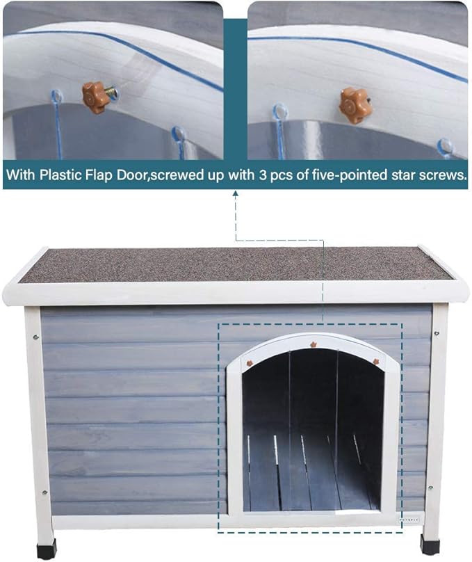 Petsfit Wooden Dog House Extreme Outback Log Cabin Weatherproof Outdoor Pet Kennel, Light Grey, Large/45.6" x 30.9" x 32.1"