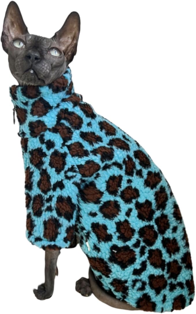 Turtleneck Sphynx Cat Winter Clothes, Double-Sided Fleece Jacket with Zipper, Sweater for Sphynx Cat Winter Warm Outfit Coat for Hairless Cats and Small Dogs Apparel with Sleeves (Leopard, Small)