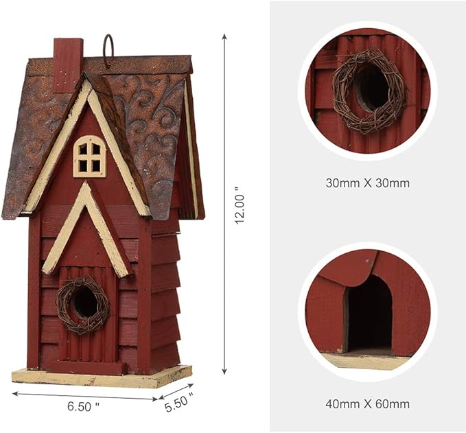Glitzhome 12" H Distressed Red Cottage Solid Wood Birdhouse Hanging Bird House for Outdoors
