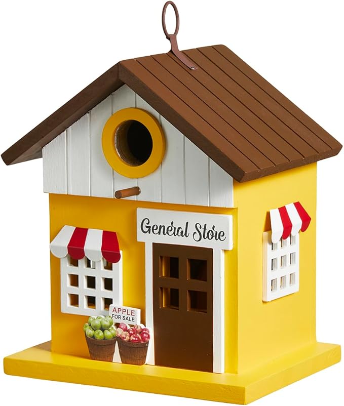 Glitzhome Birdhouses for Outdoors,Solid Wood Hanging Bird Houses for Outside, 9.5" H Modern General Store Decorative Pet Cottage Outdoor Garden Birdhouse for Outdoor Patio,Yellow