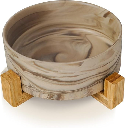 YOBRO Large Dog Bowl with Stand, 8" Non-Slip Ceramic Food or Water Bowl for Large Breed Dogs, Wide Open for Multiple Dogs, Modern Marble Design, Brown