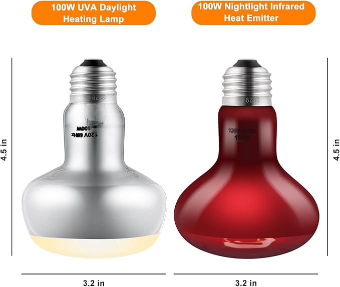 2 Pack 100W Reptile Heat Lamp Bulbs Reptile Heat Bulbs, UVA Basking Bulb and Infrared Light Bulb Combo, Basking Light for Bearded Dragon, Turtles, Snake and Lizard