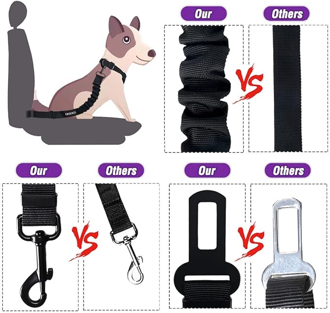 COOYOO Dog Seat Belt,3 Piece Set Retractable Dog Car Harness Adjustable for Vehicle Nylon Pet Safety Heavy Duty & Elastic