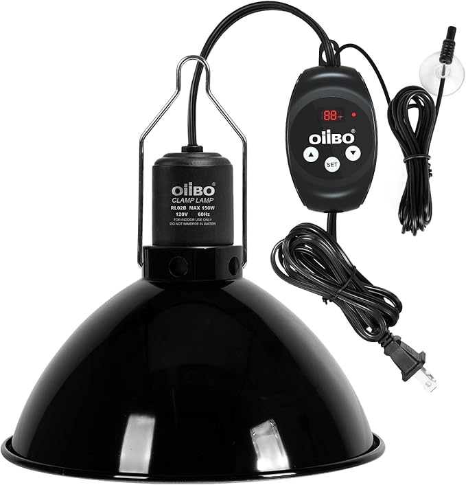 Oiibo Reptile Light Fixture with Dimming Thermostat, 8.5 Inch Deep Dome Lamp Fixture, PID Temperature Controller for Reptile Heat Lamp Bulb, Max 150W