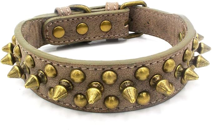 Spiked Dog Collar, Mushrooms Rivet Studded Adjustable Pu Leather Pet Collars for Cats Puppy Dogs (L, Khaki)