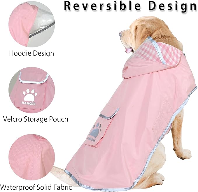 MAMORE Dog Raincoat Reversible,Waterproof Dog Rain Coat Hooded Slicker Poncho with Reflective Strip, Plaid Double Layer Rain Jacket for Small Medium Large Dogs (Pink, X-Large)