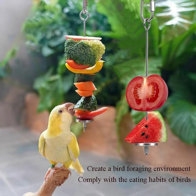 2pcs Hanging Bird Treat Skewer Parrot Fruit Feeder, 5.9 Inch Stainless Steel Bird Food Holder Parrot Fruit Food Skewer with Washer Nut Parakeet Treat Holder Feeder for Parrot Budgie Conure, LXLVOUEG