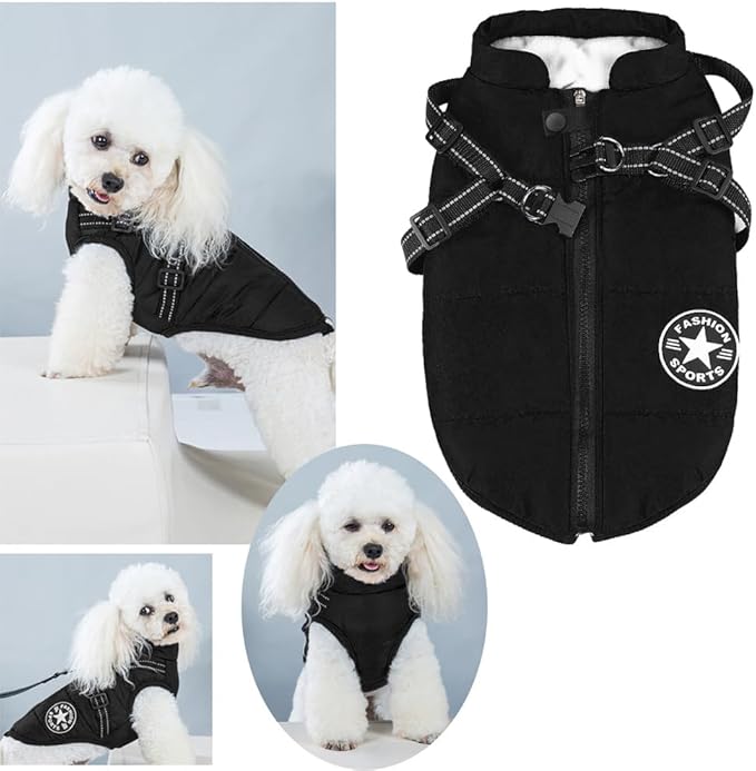 Aiboria Dog Coat for Winter Waterproof Dogs Jackets Windproof Fleece Small Dog Vest Harness Winter Padded Pet Black XXL
