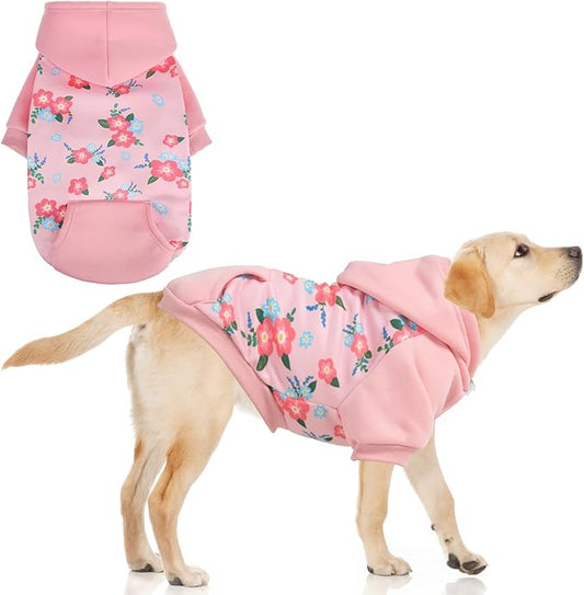 KOOLTAIL Dog Hoodies, Soft Dog Sweater, Spring Dog Coats, Warm Fleece Pet Clothes Hooded Sweatshirt with Pocket for Small Medium Large Dogs Cats Boys Girls, Holiday Flower Pink XL