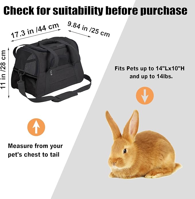 kathson Rabbit Travel Carrier Bag Airline Approved Pet Pocket Breathable Mesh Window Portable Hand Bag with Locking Safety Zippers for Small Dogs Cats Bunnies and Small Animals (Black)