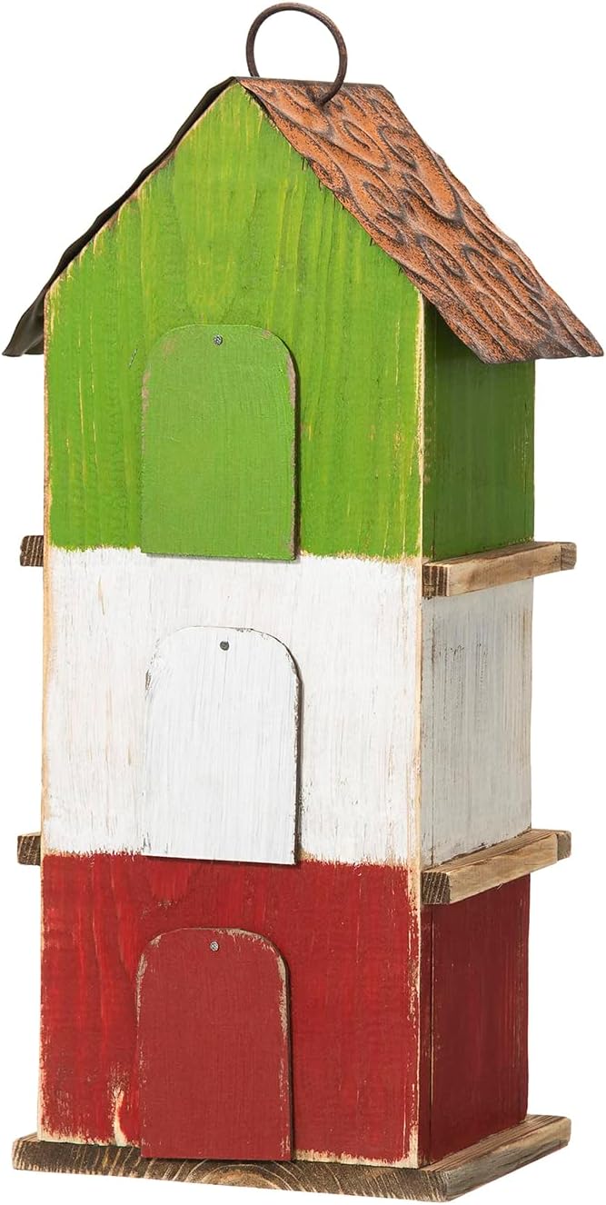 Glitzhome 13.75" H Multicolored Three-Tiered Distressed Solid Wood Birdhouse Garden Hanging Bird House for Outdoors