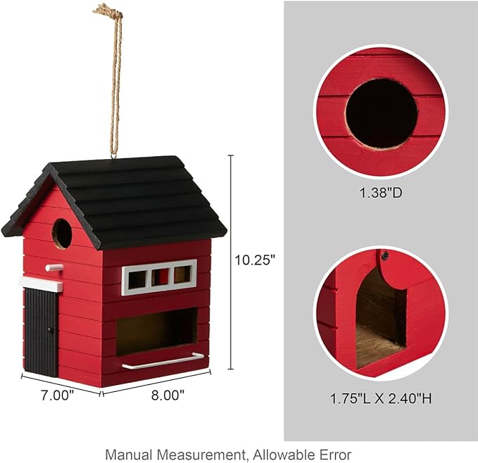 Glitzhome Wooden Bird Houses, Hand Painted Hanging Bird House for Outdoors,10.25" H Modern Functional and Decorative Outdoor Garden Birdhouse for Finch Bluebird Cardinals Swallow Wren Chickadee, Red