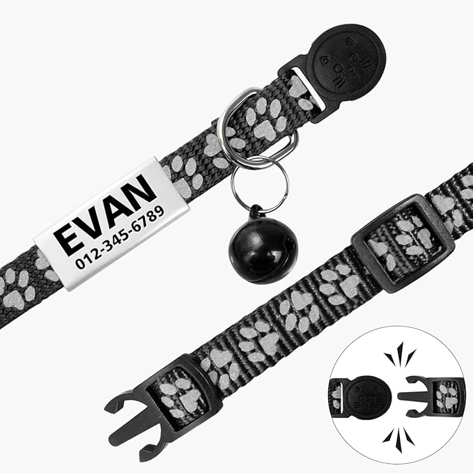 TagME 2 Pack Cat Collar with Name Tag, Personalized Reflective Cat Collar Breakaway with Bell for Boy & Girl Cats, Black