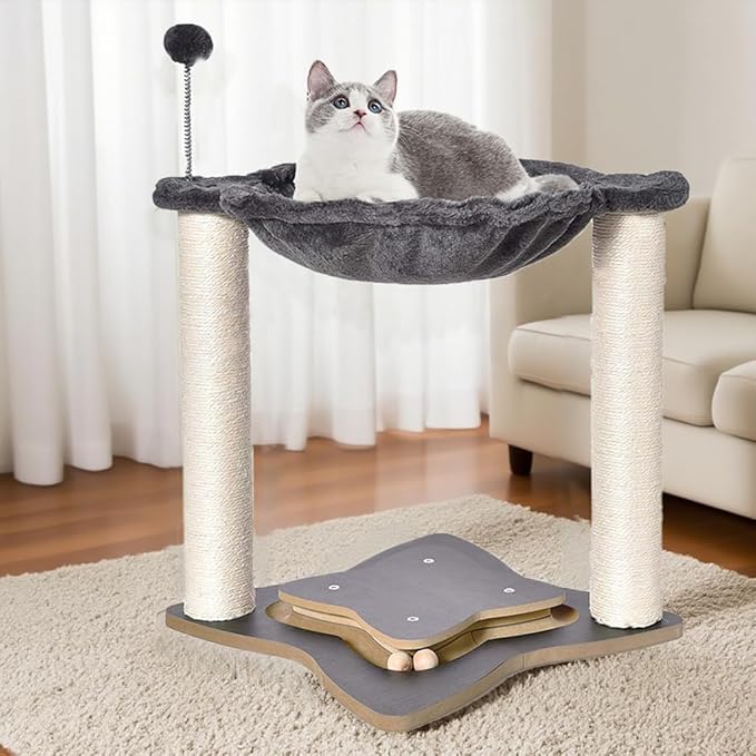 Simple Deluxe Small Cat Tree Tower with Scratching Post, 4-in -1Cat Tree with Hammock,Dangling Ball,Natural Sisal Cat Scratcher,Wooden Interactive Track Ball Base for Indoor Kittens,18inches