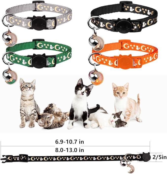 4PCS Cat Collar with Bells,Breakaway Cat Collars,Kitten Collar with Bell Moons Stars Cute Kitty Safe Kitten Collars with Pendant,Cat Collars for Boy Cats 6.9-10.7 Inch(Black&Grey&Deep Green&Orange)