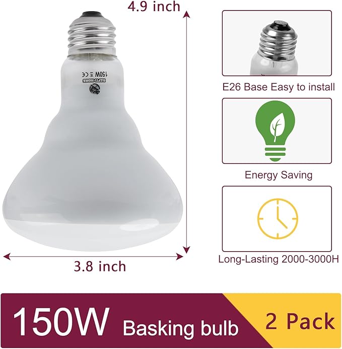 150W Reptile Heat Lamp Bulb 2 Pack,Basking Spot Lamp Bulb for Reptiles & Amphibians,Reptile Daylight Heat Bulb for Bearded Dragon, Lizard, Turtle