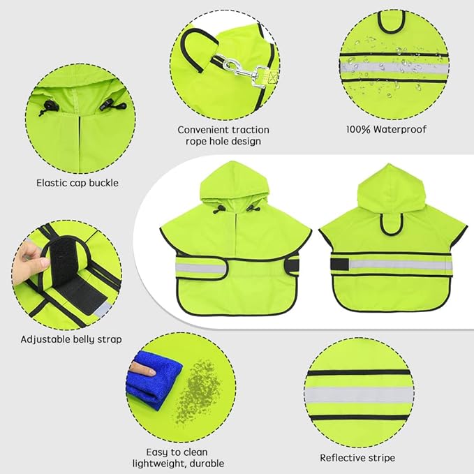 Candofly Dog Raincoat Hooded Poncho - Adjustable Waterproof Dog Rain Jacket Lightweight Reflective Dog Rain Coat Pet Slicker for Small Medium Large Dogs (Large, Green)