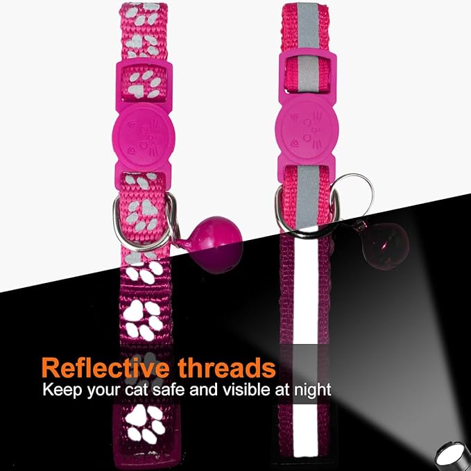 TagME 2 Pack Cat Collar with Name Tag, Personalized Reflective Cat Collar Breakaway with Bell for Boy & Girl Kitten, Hot Pink