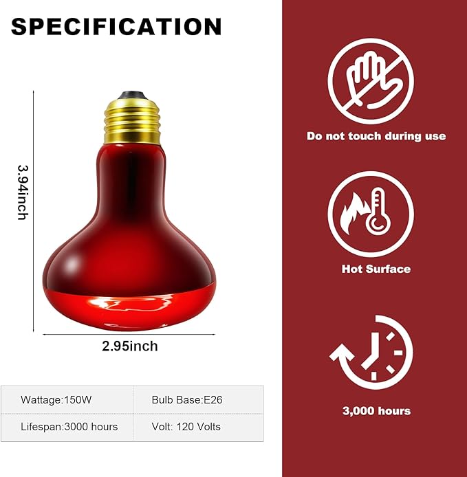 MIXJOY 150W Infrared Heat Lamp Bulbs, 2 Pack Reptile Infrared Heat Emitter Red Heat Lamp Bulbs Infrared Basking Light Bulbs for Reptiles, Bearded Dragon, Lizard, Tortoise, Chickens, Pets