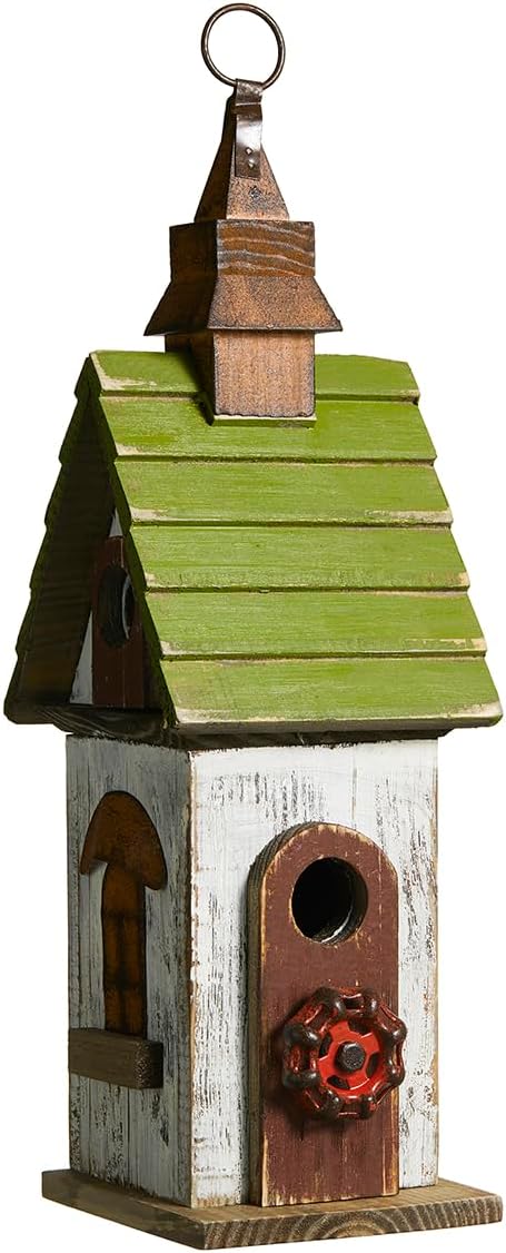 Glitzhome Bird Houses for Outside, Bluebird Houses for Outdoors,15.75"H Solid Wood Birdhouse Distressed Cottage Decorative Hanging Outdoor Garden Bird House for Wren Sparrow Hummingbird Finch Cardinal