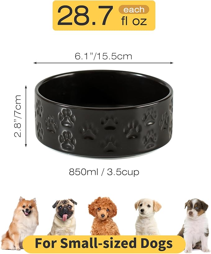 Ceramic Dog Bowl Set with Anti-Slip Rings for Small Breed Dogs, 6" Food and Water Bowls, Pet Dishes for Small-Sized Dogs (Double Bowls - Black, 6 inch)