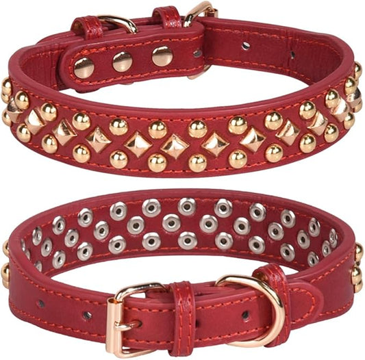 Spiked Dog Collar, Mushrooms Rivet Studded Adjustable Pu Leather Pet Collars for Cats Puppy Dogs (S, Red3)