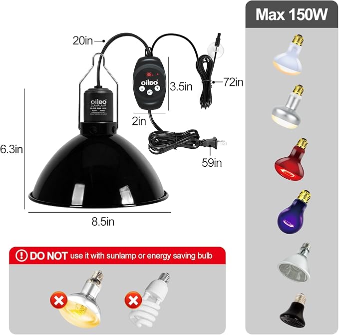 Oiibo Reptile Light Fixture with Dimming Thermostat, 8.5 Inch Deep Dome Lamp Fixture, PID Temperature Controller for Reptile Heat Lamp Bulb, Max 150W