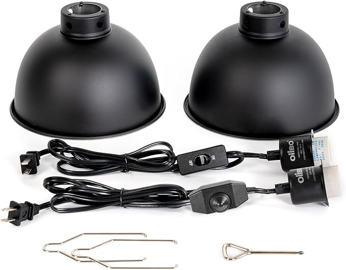 Oiibo 8.5 Inch Reptile Light Fixture with Dimming/Separate Switches, 2 Packs Deep Dome Lamp Cap Reflector Cover, UVB Light Heat Lamp Fixture for Reptile Glass Terrariums, Max 150W Black