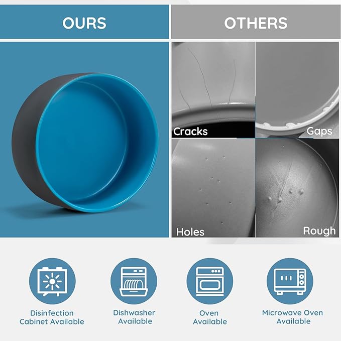 SPUNKYJUNKY Ceramic Dog and Cat Bowl Set with Wooden Stand, Modern Cute Weighted Food Water Set for Small Size Dogs (13.5OZ) & Medium Sized Dogs (28.7OZ) & Cats (3.6 Cups, 2 × Blue-Grey)