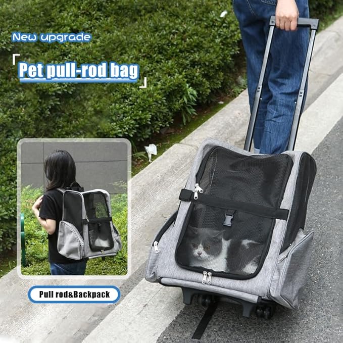 Pet Trolley Bag Cat Dog Travel Bag Portable & Breathable Pet Carrier Backpack - Lightweight Dual-Shoulder Design for Easy Travel with Your Beloved Companion Scalable Pull Rod pet Bag (Grey)