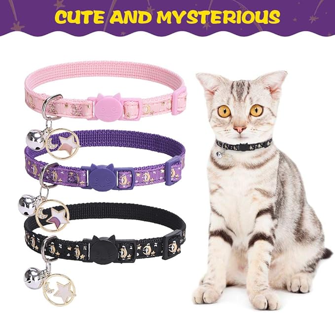 PUPTECK 3 Pack Cat Collar with Bells Breakaway - Luminous Safety Small Kitten Collar Adjustable Moon Star Pink Black Purple, 8-12 in