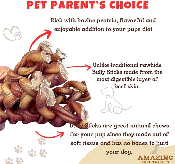 Amazing Dog Treats 12" Braided Bully Stick (5 Pcs/Pack) Bully Stick for Dogs - Made from Premium Grass Fed Beef