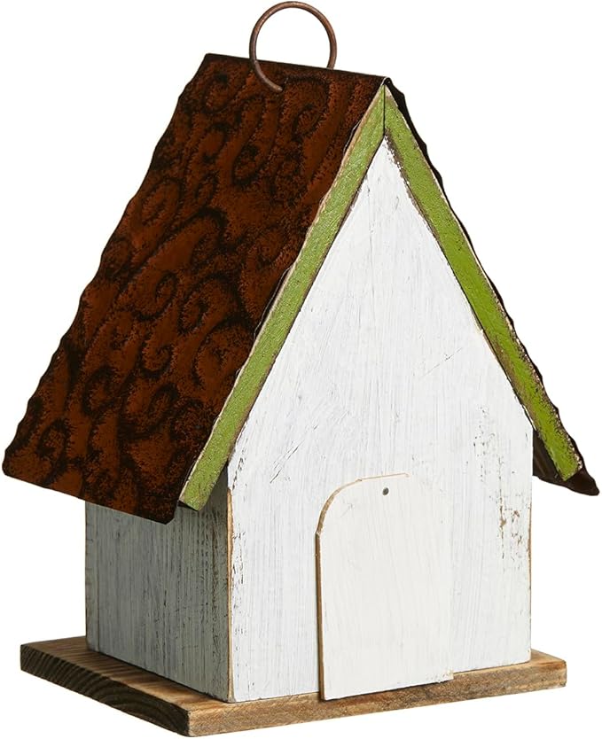 Glitzhome 8.25" H Solid Wood Decorative Hanging Bird House Distressed Cottage Outdoor Garden Birdhouse with 3D Metal Roof and Flower