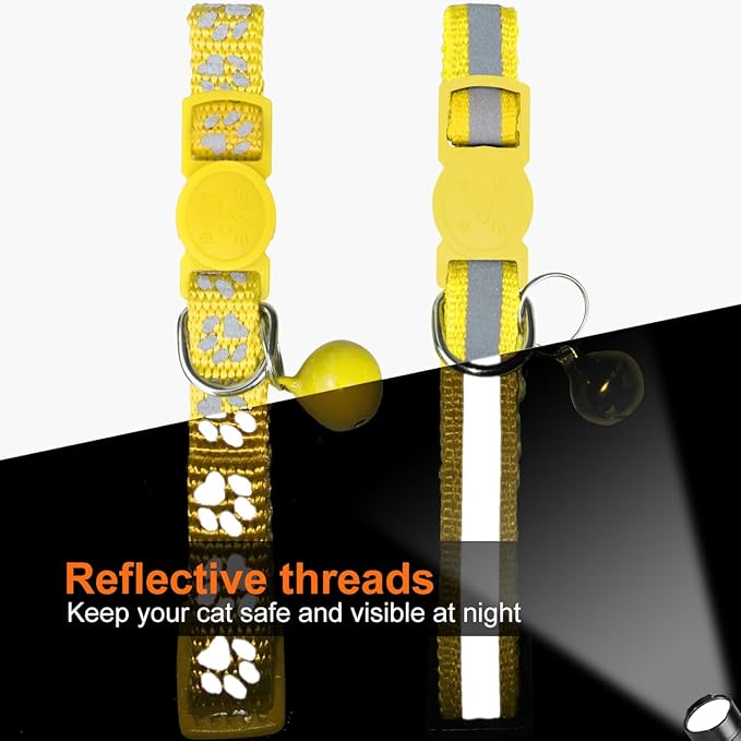 TagME 2 Pack Cat Collar with Name Tag, Personalized Reflective Cat Collar Breakaway with Bell for Boy & Girl Kitten, Yellow