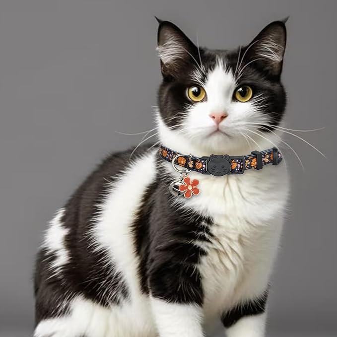 Cat Collar Breakaway, 2 Pack Cotton Cats Collars with Bells, Cute Flowers Shaped for Girl Boy Kittens, Pink and Orange