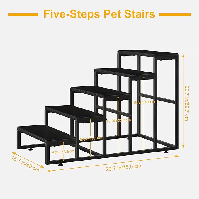 5 Steps Wooden Dog Stairs for Small & Large Dogs, High & Tall Beds - Black, Supports up to 100 lbs