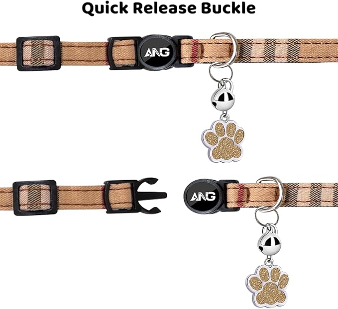 Personalized Breakaway Cat Collars - ID Tag, Bell, Bowtie - Safety Quick-Release, Customized for Girls & Boys Cats (British Tartan-Brown)