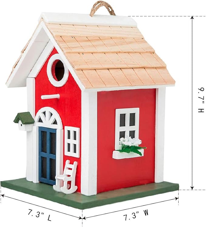 MEWANG Hanging Colourful Birdhouse Garden Country Cottages Bird House Condo Wooden Red Height 9.7"